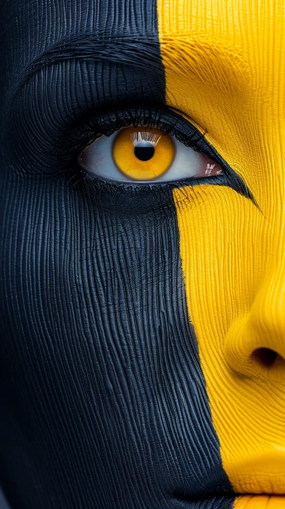 A close-up of a person's face painted in black and yellow. The black paint is textured and creates a sense of depth, while the yellow paint is smooth and contrasts sharply. The eye is the focus of the image, with a vibrant yellow iris. The photo captures the detail and intensity of the paint application.