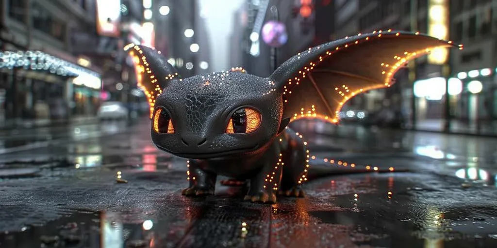 A small, black dragon with orange glowing eyes and wings stands in a wet, city street. The dragon's wings are edged with a string of small, orange lights.  The background is blurred, showing the city lights in the distance.  The image is both whimsical and slightly eerie.  The dragon seems to be looking directly at the viewer.