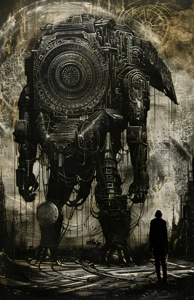 The image depicts a towering, mechanical figure, its form shrouded in darkness and intricate detail. The figure appears to be made of countless interconnected gears, pipes, and wires, suggesting a complex and ancient technology. A lone human figure stands in the foreground, dwarfed by the colossal machine, creating a sense of awe and vulnerability. The background features a swirling, abstract pattern, hinting at a chaotic and unpredictable environment. The overall atmosphere is one of mystery, power, and impending doom.