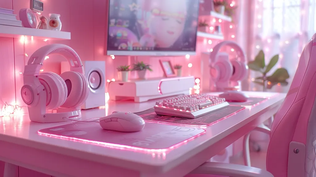A pink and white gaming setup with a computer monitor, keyboard, mouse, headphones, and a pink gaming chair. The desk is decorated with fairy lights and small potted plants. The room is bathed in a soft, pink light. The setup is both stylish and functional, creating a perfect space for gaming and entertainment.
