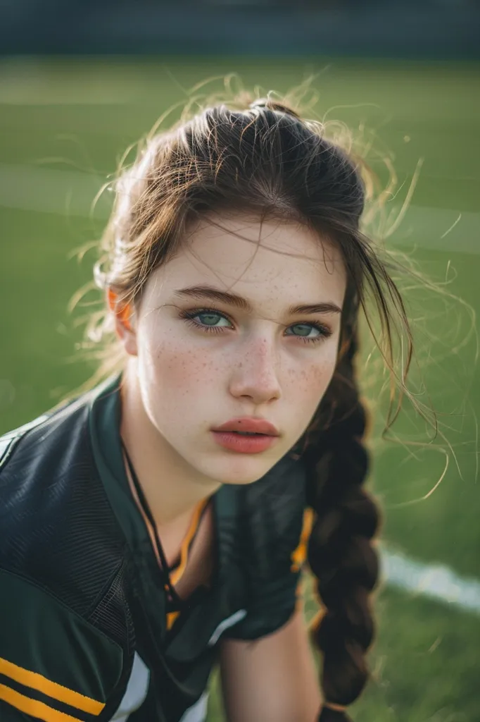 A young woman with long, dark brown hair braided down her back is wearing a green and yellow football jersey. She has light skin with freckles and bright blue eyes that stare directly at the viewer. She is positioned in a low angle with a grassy background.  Her expression is serious and determined.  The image is captured in natural light with a soft focus.