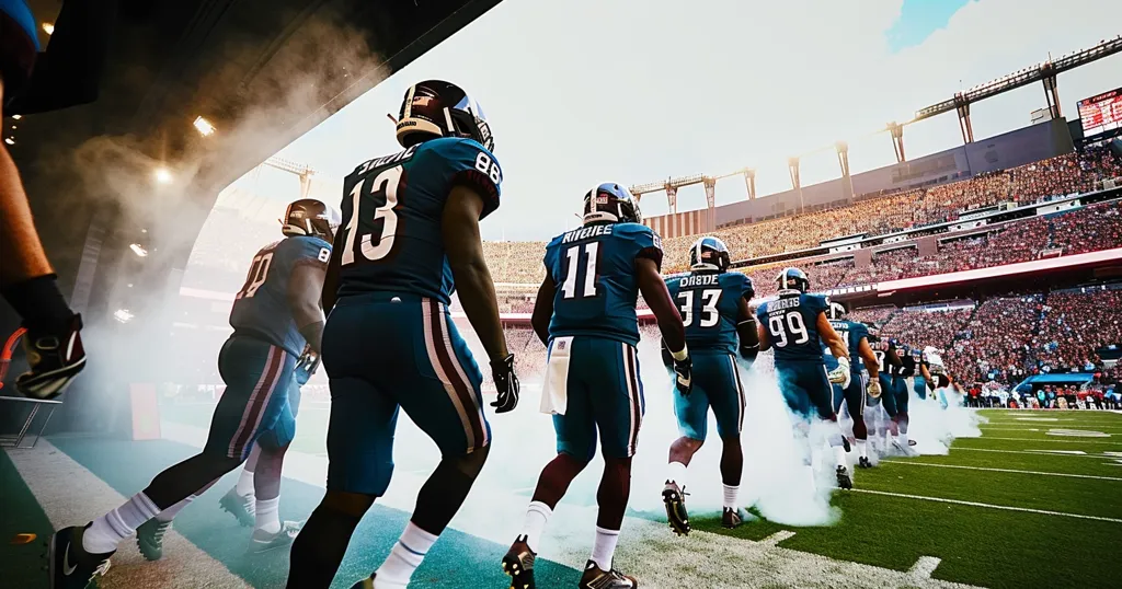 A group of American football players, clad in teal and white uniforms, emerge from a tunnel onto the field, their faces hidden by smoke. They are met with cheers from the packed stadium, the stands overflowing with passionate fans.  The players look determined, their focus solely on the game ahead.  The image captures the thrill and intensity of professional football.