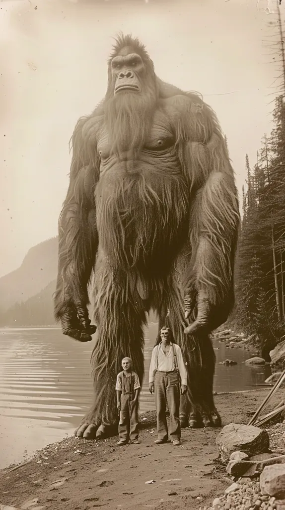A large, hairy, ape-like creature stands on a lakeshore. Two men stand in front of it, appearing dwarfed by its size. The image is likely from a film production or a staged publicity shot. The men's clothes suggest a time period around the early 1900s. The background features a forested area and a lake, creating a sense of wildness and intrigue. The overall tone is one of awe and wonder at the size and majesty of the creature.