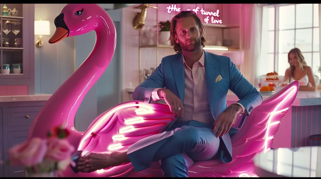 A man in a light blue suit sits on a giant pink inflatable flamingo with neon lights. He is looking at the camera with a serious expression. A woman in a white dress sits at a table in the background.  Above him, a neon sign reads "the tunnel of love." The scene is brightly lit and appears to be taking place in a kitchen.  The overall aesthetic is playful and whimsical.