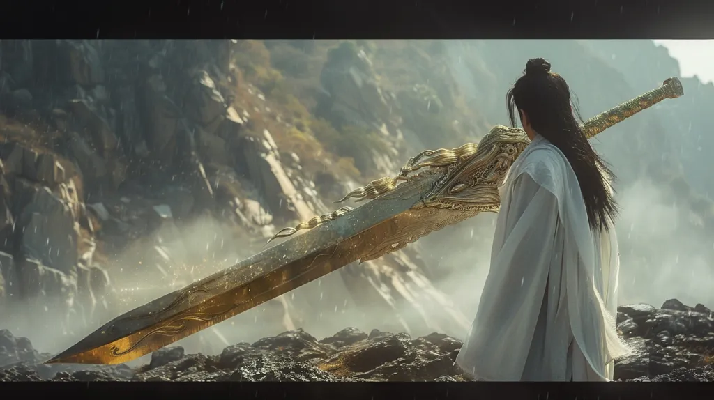 A lone figure, dressed in flowing white robes, stands amidst a misty, rocky landscape, holding a massive, intricately decorated golden sword. The sword's blade stretches across the foreground, disappearing into the hazy distance. The scene evokes a sense of power, mystery, and otherworldly beauty.