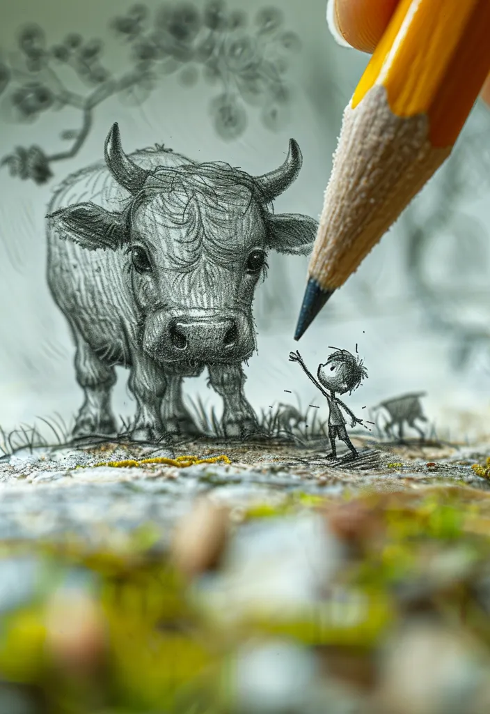 A close-up image of a pencil drawing of a cow and a small boy. The drawing is done on paper with a pencil. The boy is standing in front of the cow and reaching up towards it. The cow looks down at the boy. The image is focused on the pencil and drawing, with the background blurry. The image creates a sense of wonder and curiosity.