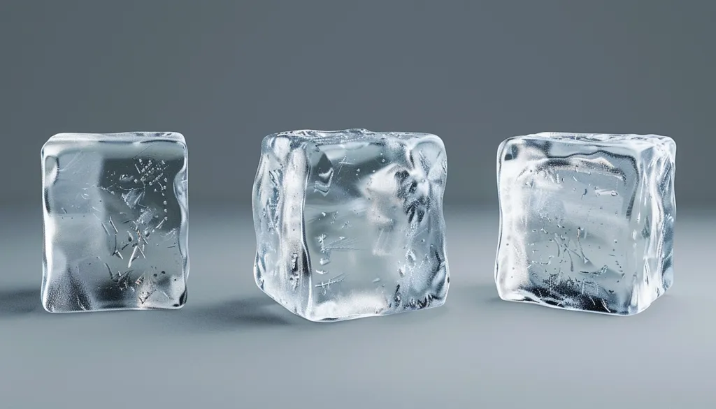 Three perfectly formed ice cubes are lined up in a row against a grey background. The ice cubes are slightly frosted and appear to be made of clear, frozen water. They are arranged in a simple, minimalist composition, with the middle cube slightly tilted towards the viewer.