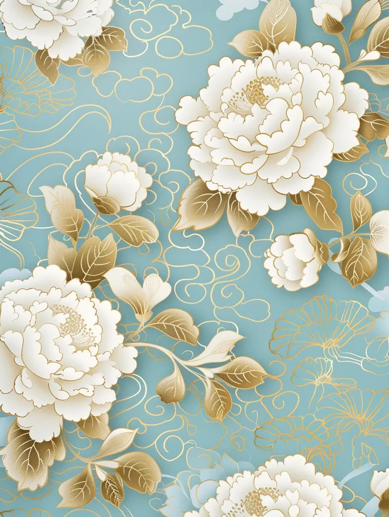 A delicate and intricate floral pattern adorns a light blue background. White flowers with golden outlines, resembling peonies, bloom amongst intricate golden leaves and swirls. The pattern evokes a sense of elegance and sophistication, reminiscent of traditional Asian art.  The overall effect is one of tranquility and beauty.