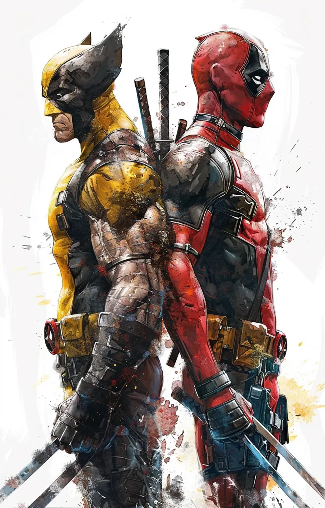 The image is a digital illustration of Wolverine and Deadpool, two famous Marvel Comics characters, posed together in a dynamic and action-packed stance. Wolverine is on the left, his claws extended, and Deadpool on the right, holding his katanas. They are both depicted in a gritty, realistic style with a focus on their musculature and detail. The background is white with splatters of color, giving the image a sense of energy and movement.