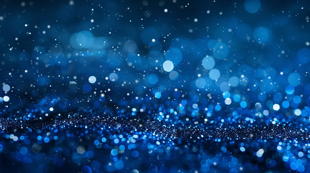 The image depicts a deep blue background with a scattering of white and blue lights. The lights are blurred, creating a bokeh effect that resembles a starry night sky or twinkling lights. The overall impression is one of magic, wonder, and festivity.