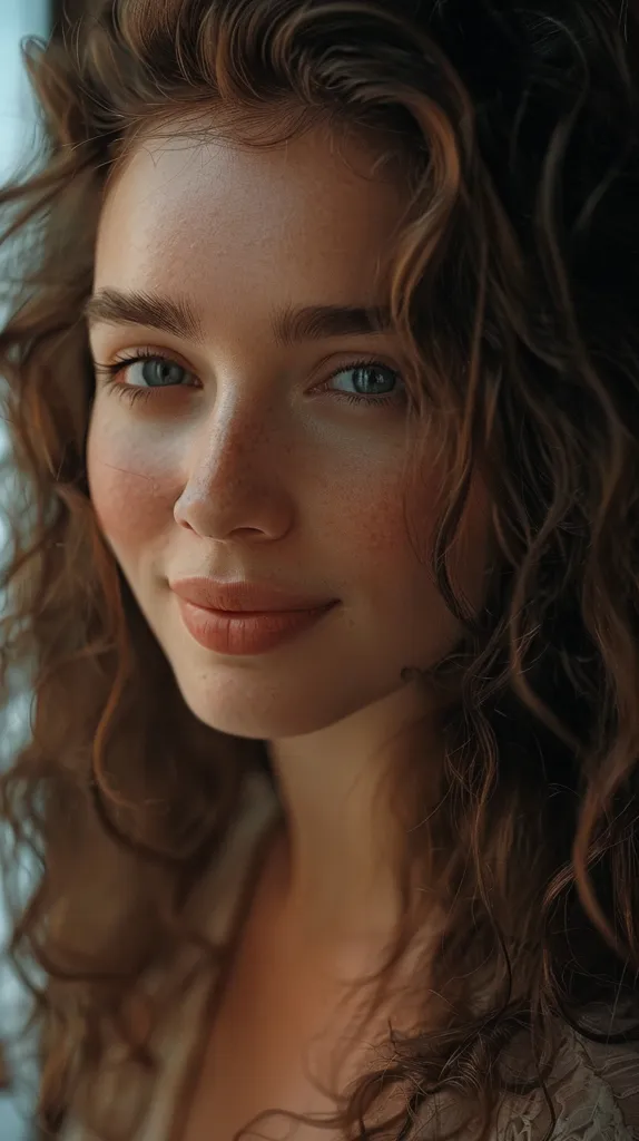 A young woman with long, curly brown hair smiles gently at the camera. Her blue eyes sparkle, and her skin has a natural, dewy glow. Her warm smile suggests kindness and a gentle nature. The soft light illuminates her features, highlighting her beauty.  Her hair flows around her shoulders, creating a soft frame for her face.  She appears to be in a relaxed and content state, her expression serene and inviting.