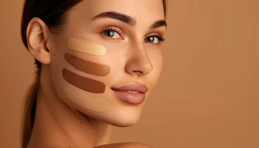 A woman with long brown hair is shown with four different foundation shades on her cheek. Her eyes are looking directly at the camera, and she has a soft smile on her face. The background is a solid brown color.