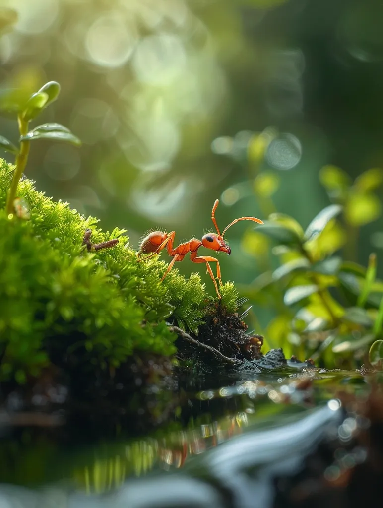A small red ant is perched on a bed of green moss, its antennae twitching.  It stands on the edge of a small stream, the water reflecting the light of the sun dappling through the leaves overhead. The background is blurred, creating a sense of depth and highlighting the ant in the foreground. The image is a simple but striking depiction of nature's delicate beauty.