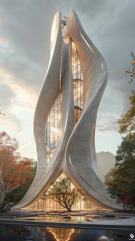 The image showcases a futuristic architectural marvel. A towering, concrete structure with a sinuous, organic form rises into a cloudy sky. The building's curved facade is punctuated by large windows, revealing an interior bathed in warm, natural light. A lush, green tree stands in front of the structure, adding a touch of nature to the modern design. The building's sleek lines and unique shape suggest a space for innovation and wonder. The overall composition evokes a sense of both beauty and tranquility.