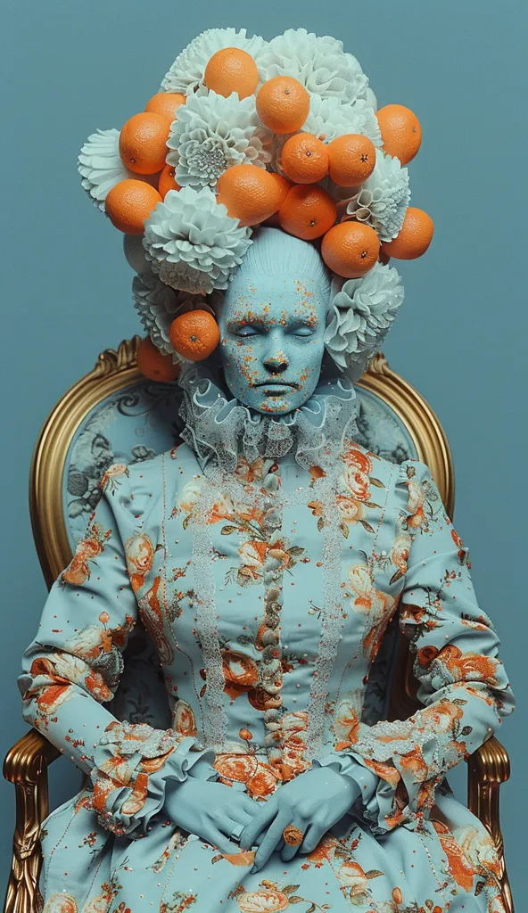 A woman with blue skin and a crown of white flowers and oranges sits in a golden chair.  She is wearing a blue and orange patterned dress with white lace trim.  Her eyes are closed and her hands are clasped in her lap. The background is a plain blue.  The overall feel of the image is whimsical and surreal.  The juxtaposition of the blue skin and the orange fruit is striking, and the woman's placid expression adds to the dreamlike atmosphere.  The ornate chair and floral crown suggest a sense of royalty.  The image is a study in contrasts, with the delicate beauty of the flowers and the bold colors of the oranges.