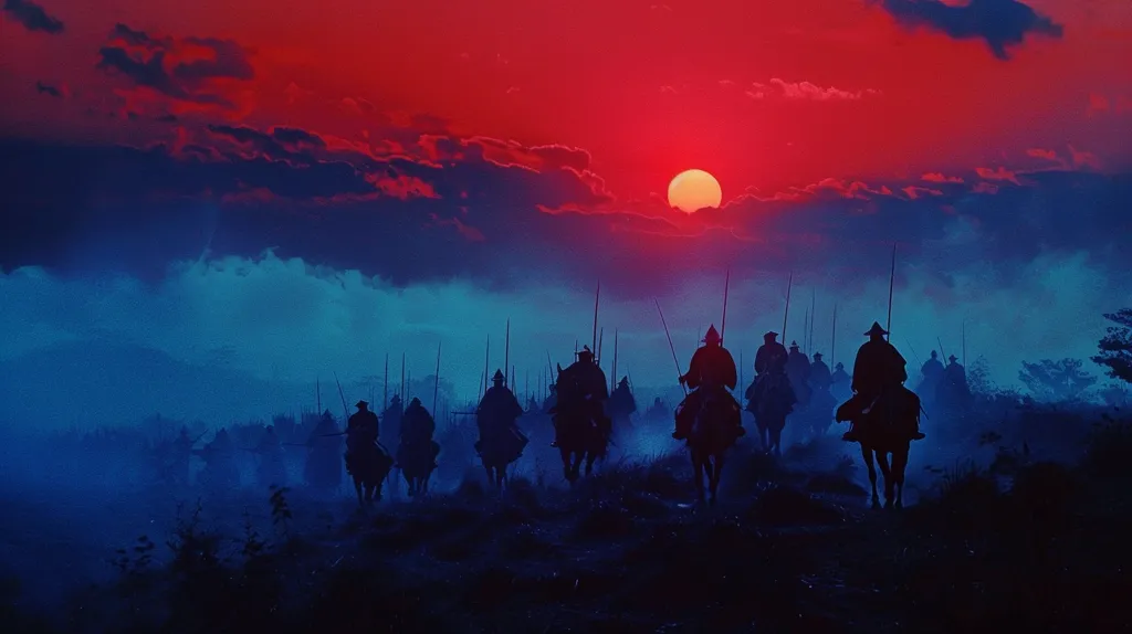 A group of samurai, silhouetted against a fiery red sunset, ride their horses through a misty landscape. The sky is a gradient of red and blue, with a large, glowing sun in the middle. The scene is dramatic and evocative, capturing the spirit of a bygone era.
