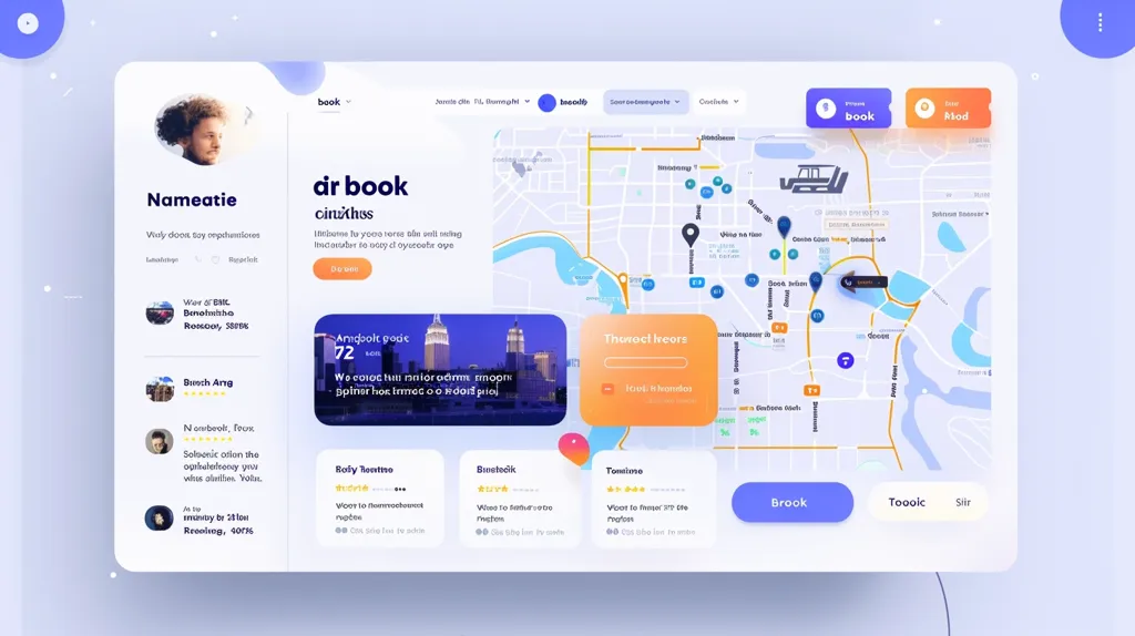 The image shows a website design for an app that helps people book transportation. It includes a map with location markers, user reviews, and a search bar. The website has a modern and clean design with bright colors and simple icons. The app appears to be designed to simplify the process of booking a ride.