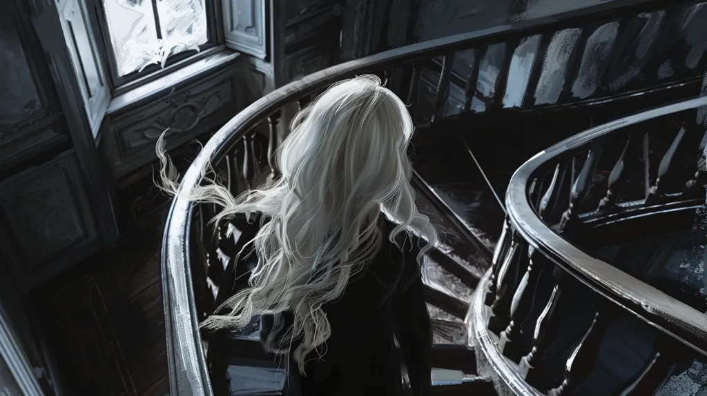 The image depicts a woman with long, flowing white hair descending a grand, spiral staircase. The staircase is made of dark wood with intricate railings, and the surrounding area is dimly lit, creating a mysterious atmosphere. The woman's back is to the viewer, and she appears to be lost in thought as she makes her way down the stairs. The image suggests a sense of isolation and contemplation.  The composition emphasizes the curves of the staircase and the woman's hair, creating a visually dynamic and intriguing scene.