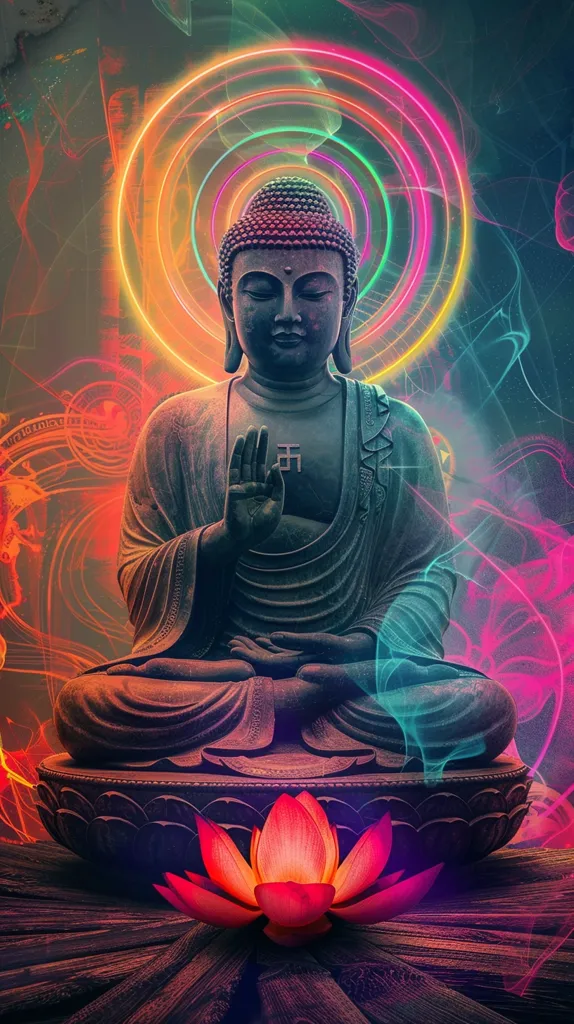 The image depicts a serene Buddha statue in a meditative pose, sitting on a lotus flower. The statue is adorned with a halo of vibrant, swirling colors, creating an ethereal atmosphere. The background features abstract shapes and patterns, evoking a sense of peace and tranquility. The overall composition is visually captivating and suggests a spiritual connection.