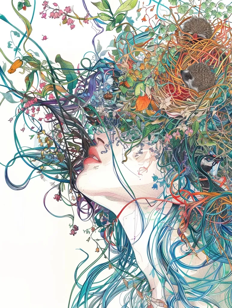The image depicts a woman's face and hair entwined with a vibrant tapestry of nature. Lush foliage, delicate flowers, and playful birds create a whimsical and intricate pattern, while her open mouth suggests a sense of wonder and connection to the natural world. The composition is a beautiful exploration of the beauty and interconnectedness of life.