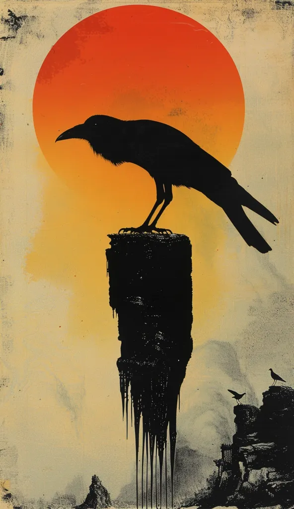 A large black crow perches on a tall, thin, black rock formation. The crow is silhouetted against a large, bright orange and yellow sun.  The background is a faded cream color with hints of grey and black.  Two smaller birds are perched on rocks in the distance. The image is stark and graphic, with a strong sense of isolation and loneliness.