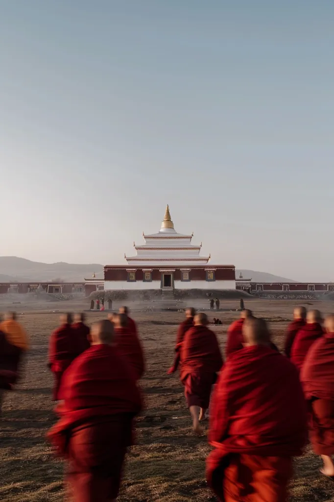 A white and red temple with a gold spire stands on a grassy plain. It is surrounded by a group of men wearing long, red robes.  The sky is a clear blue, and the sun is shining brightly. The men are moving in different directions, but their movements are blurred, creating a sense of motion. The scene is tranquil and serene.