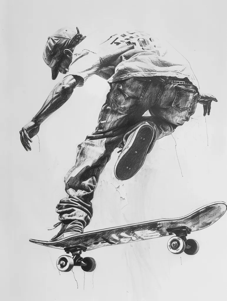 A black and white drawing of a skateboarder in mid-air.  The skateboarder is wearing a hat, jeans, and a t-shirt. He is leaning forward, with his right leg extended and his left leg bent at the knee. He is about to land his trick. The drawing is done in a realistic style with great detail.