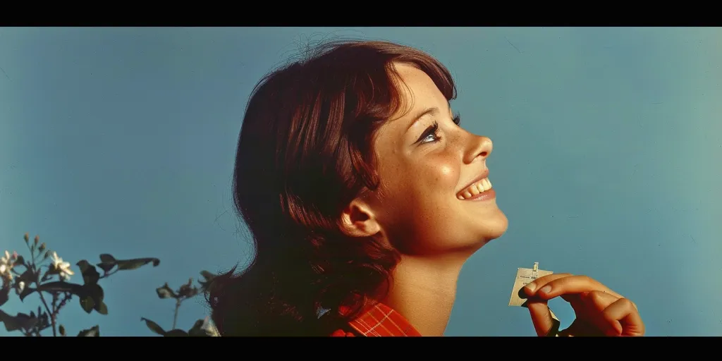 A young woman with long, brown hair is smiling and looking up at something off-camera. She is wearing a red and white plaid shirt and holding a small, white card in her right hand. Her left hand is resting on her hip. The background is a solid blue color. A few branches of a plant with white flowers are visible to the left of the woman's head.  The photo is taken in a vintage style with bright, saturated colors.