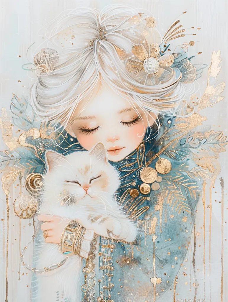 A young girl with long, white hair, adorned with delicate flowers, is holding a white cat close to her chest. She has her eyes closed, and the cat is also sleeping peacefully. They are both surrounded by a delicate watercolor background with intricate details of gold and blue, creating a dreamy and enchanting scene. The image is painted in a soft and delicate style, conveying a sense of calmness and serenity.