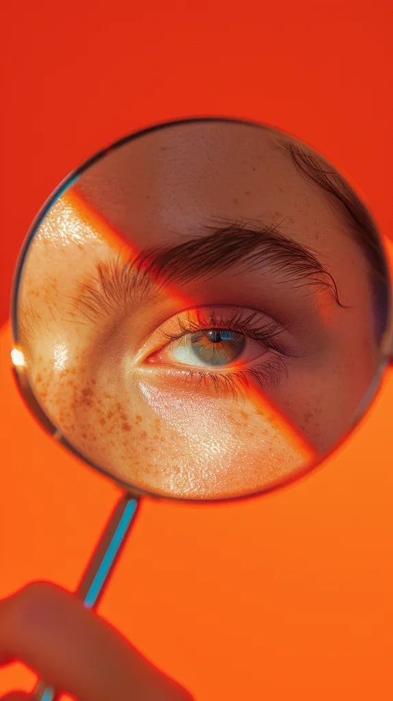 A close-up of a person's eye, captured through a magnifying glass. The eye is light blue with dark lashes, and the surrounding skin is freckled and illuminated by a warm, orange light. The bright orange background creates a dramatic contrast, drawing attention to the detail of the eye.  The image is both intimate and captivating, highlighting the beauty of the human eye.