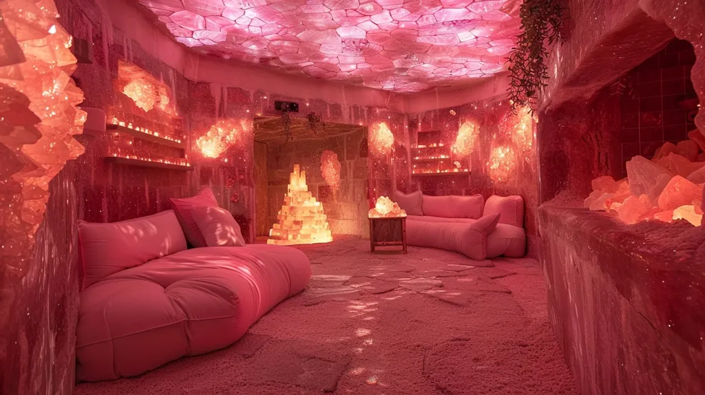 The image shows a pink salt cave with a plush pink couch and a small table. The walls, ceiling, and floor are all made of pink salt crystals that glow softly in the dim light. The cave is adorned with plants, a salt crystal pyramid and a fireplace. The ambiance is calming and serene, reminiscent of a luxurious spa.