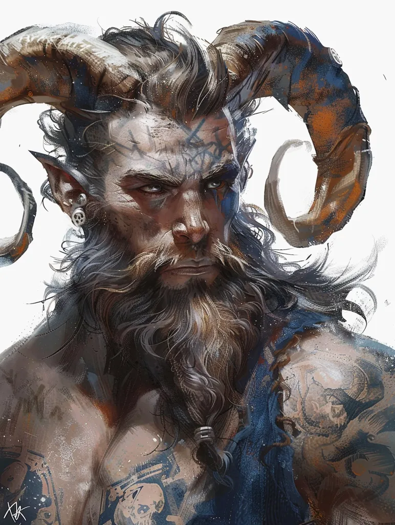 The image depicts a man with goat-like horns, a long beard, and a stern expression. He has a tribal tattoo on his face and his body is covered in tattoos, including skulls and other symbols. He wears a blue cloth around his waist and his hair is long and messy. The image has a gritty, realistic style with a focus on detail and texture.