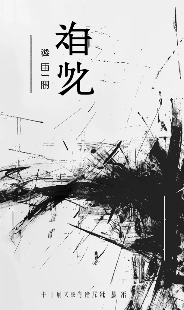 The image is a black and white abstract art piece with a strong emphasis on bold black lines. These lines are scattered across a white background, with some concentrated towards the bottom, creating a dark, almost shadowy effect. The top of the image features two large Chinese characters, "酒" and "鬼", which translate to "wine" and "ghost", respectively. These characters are placed next to vertical lines, with the smaller character "夜" (night) placed to the side. The overall image gives off an eerie and atmospheric feel, reminiscent of a dark and mysterious night.  A small inscription at the bottom reads "午 | 闻大聲的 停 凭 纪 暴 符", which appears to be a title or explanation of the artwork.