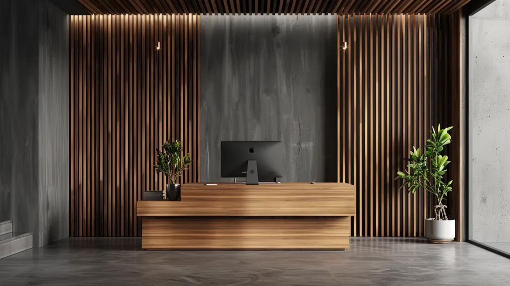 A modern office reception area features a sleek, wooden desk with a black computer monitor. The walls are adorned with vertical wooden panels and a grey concrete wall, adding a touch of warmth and sophistication. A potted plant adds a natural element to the space, creating a welcoming and professional atmosphere. The minimalist design and use of natural materials create a calm and inviting ambiance.
