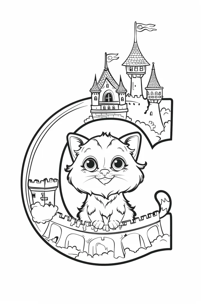 A black and white illustration of a capital "C" with a cat sitting on top of it.  The cat is looking at the viewer with a happy expression.  There is a castle in the background.  The image is stylized, like it was drawn in a children's book.