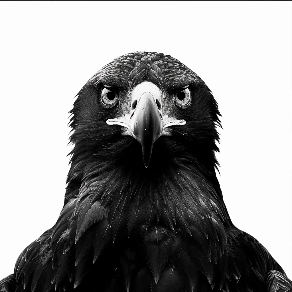 A black and white close-up photograph of a hawk.  The bird is looking directly at the camera with a serious, almost menacing expression.  The hawk's feathers are sharply defined, and the background is a solid white.  The image captures the hawk's powerful presence and its piercing gaze.