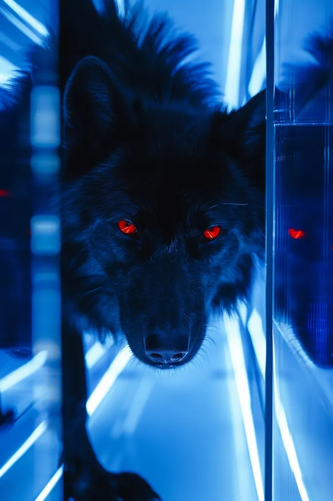 A black dog with glowing red eyes peers through a glass partition. The dog's fur blends with the dark background, while the blue light behind it creates a surreal and eerie effect.  The image highlights the animal's intense gaze and evokes a sense of mystery and hidden depths.