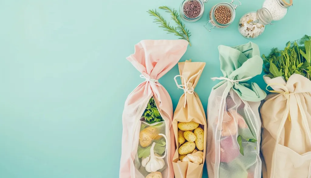 Four cloth bags, filled with produce, are arranged on a light blue background. The bags are tied with string and contain a variety of items, including potatoes, garlic, leafy greens, and herbs. There are three glass jars with lids, filled with various contents, in the top right corner of the image.