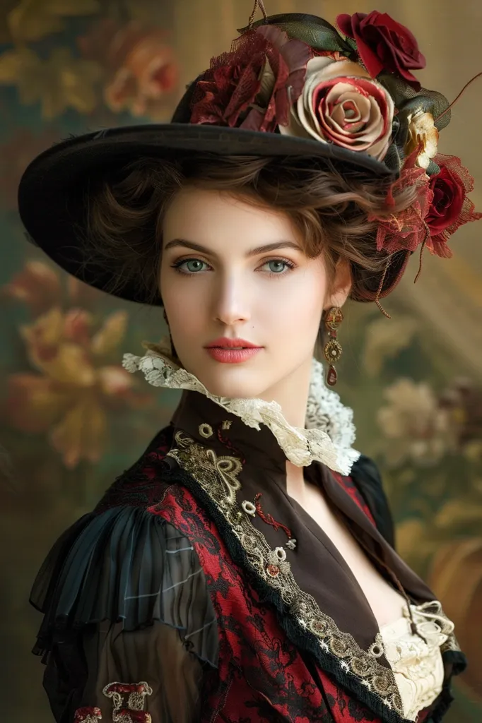 A woman with long brown hair wears a large black hat adorned with red roses and other floral embellishments. She has a fair complexion with bright green eyes and is dressed in a black and burgundy dress with delicate lace trim. She is looking directly at the camera with a calm and composed expression. The background is out of focus, with only a hint of a blurred floral pattern visible. The image evokes a sense of elegance and sophistication, reminiscent of a bygone era.
