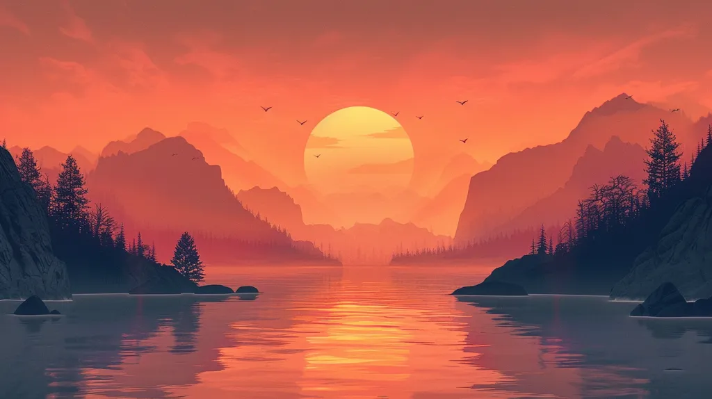 A vast, still lake reflects the fiery orange hues of a setting sun. Mountains rise on either side, their silhouettes stark against the sky. A few birds soar overhead, adding movement to the serene scene. The landscape evokes a sense of peace and tranquility, bathed in the warm glow of the approaching night.