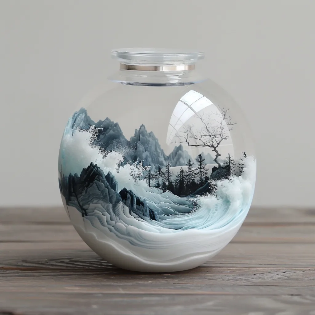 A glass orb rests on a wooden surface. Inside the orb is a miniature landscape: mountains, waves, and a lone, skeletal tree. The scene is rendered in shades of blue and white, creating a serene and abstract effect. The glass is clear, allowing the viewer to see the entire landscape with depth and detail. The orb's smooth, rounded shape adds to the sense of tranquility.