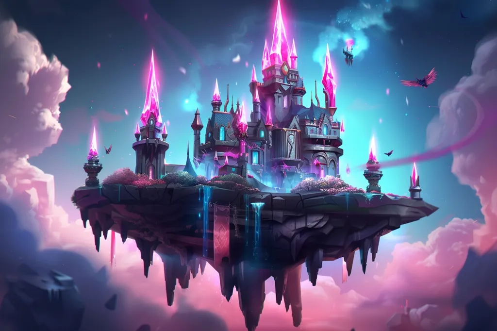 A fantastical floating castle, adorned with pink and purple crystal spires, sits atop a rocky island in the clouds. The castle has a dark and mysterious aura, with glowing windows and intricate details. A pink sky with fluffy clouds surrounds the structure.