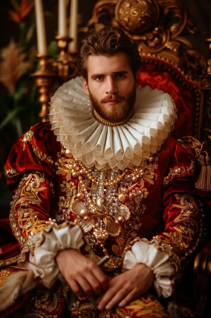 A man with a dark beard and hair is seated in a throne. He is wearing a red and gold, richly embroidered, robe with a large, white, lace collar. His hands are clasped in his lap and he stares intensely at the viewer. The throne behind him is ornate, with gold and red fabric. The backdrop is blurry and dark. The photo gives the impression of a historical or theatrical setting.