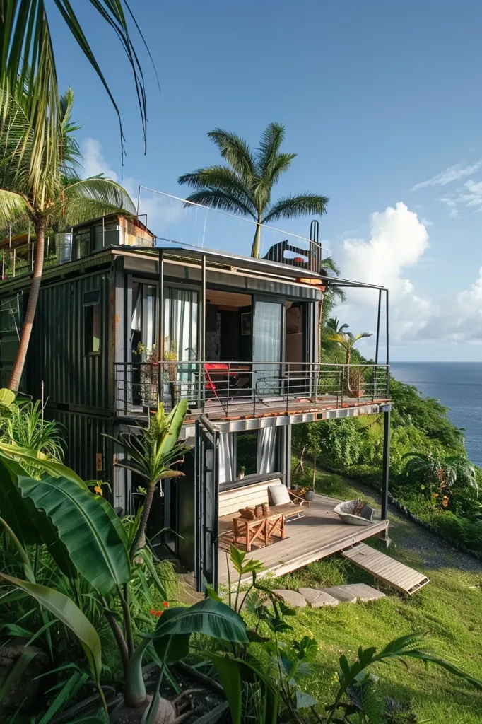 A two-story modern home constructed from shipping containers sits on a hillside overlooking a blue ocean. Lush greenery surrounds the home, with a palm tree visible in the background. The home features a large deck with outdoor seating and a ramp leading down to the hillside. The view from the deck is breathtaking.
