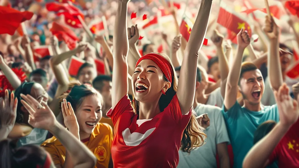 A crowd of people are cheering and waving red flags. The woman in the center of the image is wearing a red jersey and has her arms raised in the air, her face full of joy and excitement. She is surrounded by other people, all of whom seem to be sharing in her enthusiasm. The image captures the excitement and passion of a sporting event, and the collective energy of a crowd united in their support for their team.