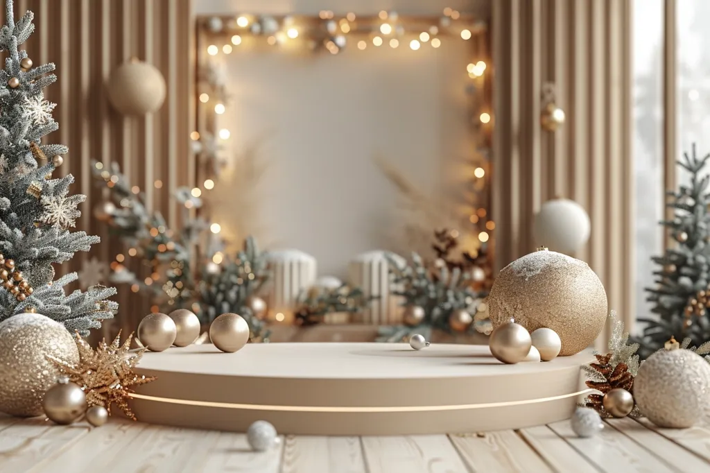 A circular podium sits on a wooden floor, surrounded by a festive Christmas scene. A Christmas tree, adorned with baubles and pine cones, stands on the left. A backdrop of twinkling lights and a blurred white frame add a warm, celebratory glow. The composition features a variety of gold and white ornaments, creating a visually appealing and elegant setting for a product display.