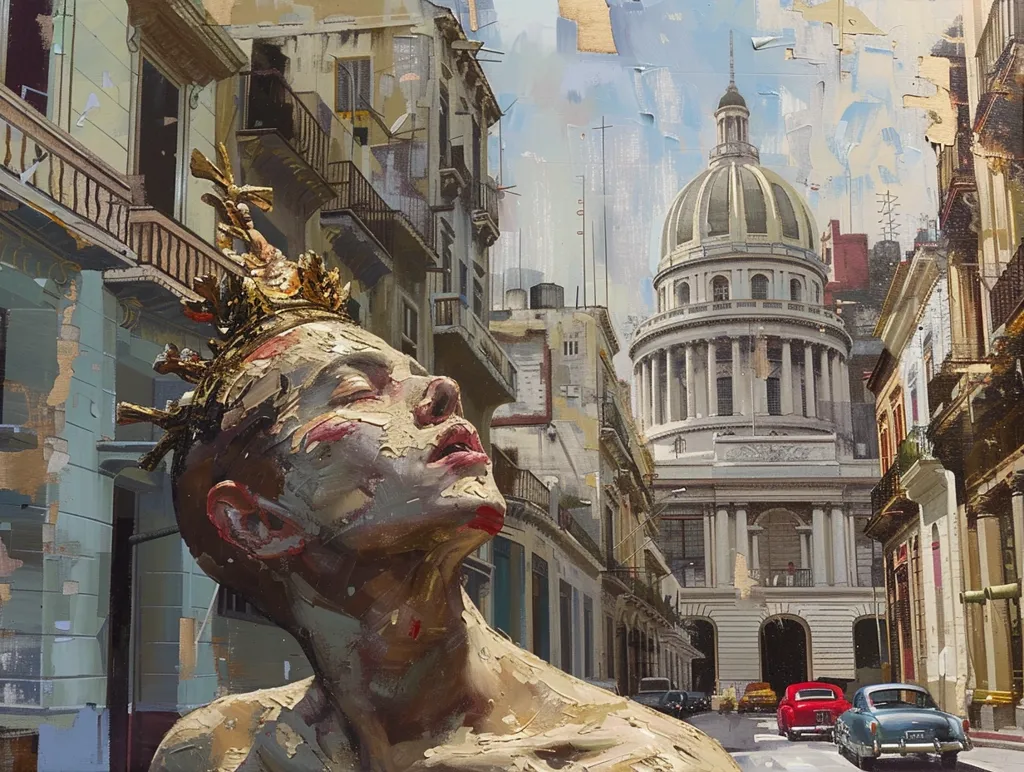 The image depicts a person wearing a golden crown, with their head tilted back and eyes closed. They are situated in a city street, with a large building in the background. The building has a dome and is characterized by white columns and a classical design. The street is lined with buildings and there are cars driving on it. The painting is done in a stylized, textured style.