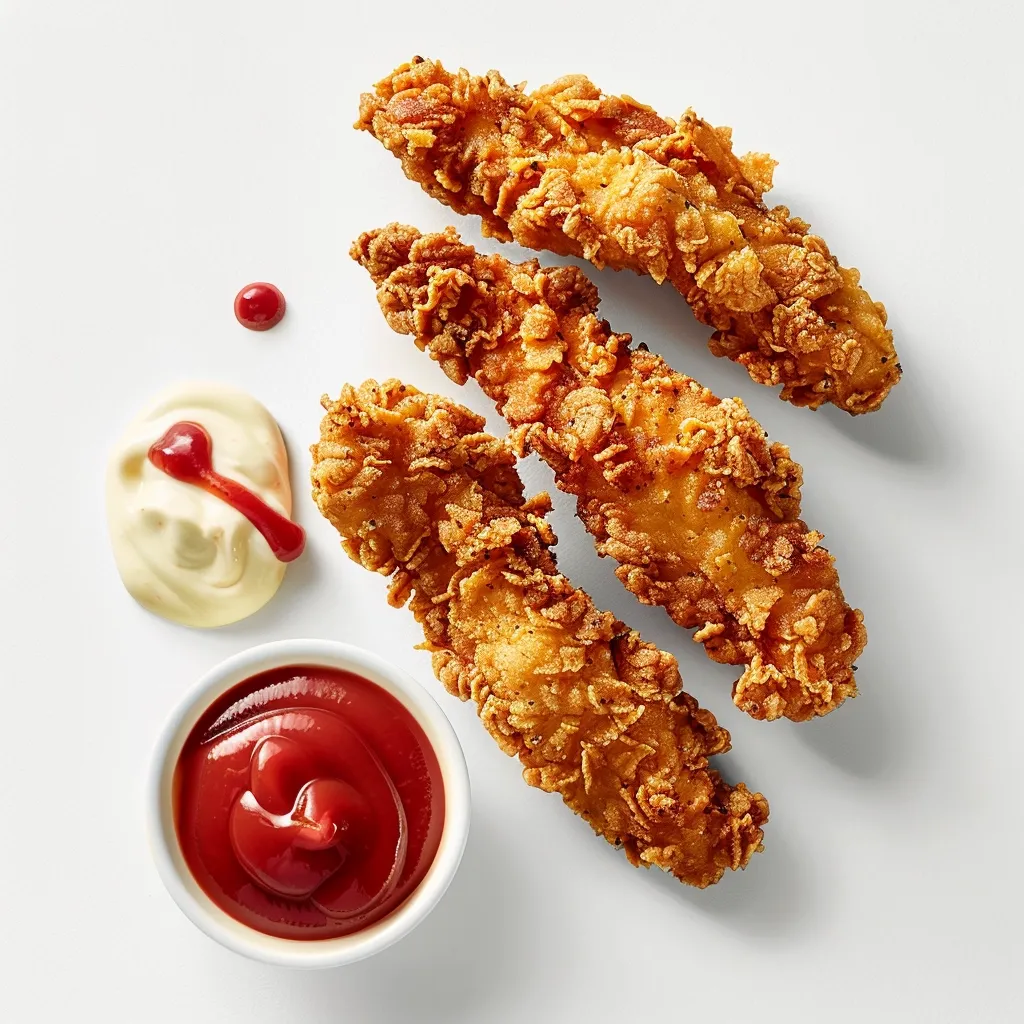 Three crispy, golden-brown chicken tenders are arranged on a white surface. They are accompanied by a dollop of mayonnaise, a small bowl of ketchup, and a few drops of red sauce. The food looks delicious and ready to be enjoyed.
