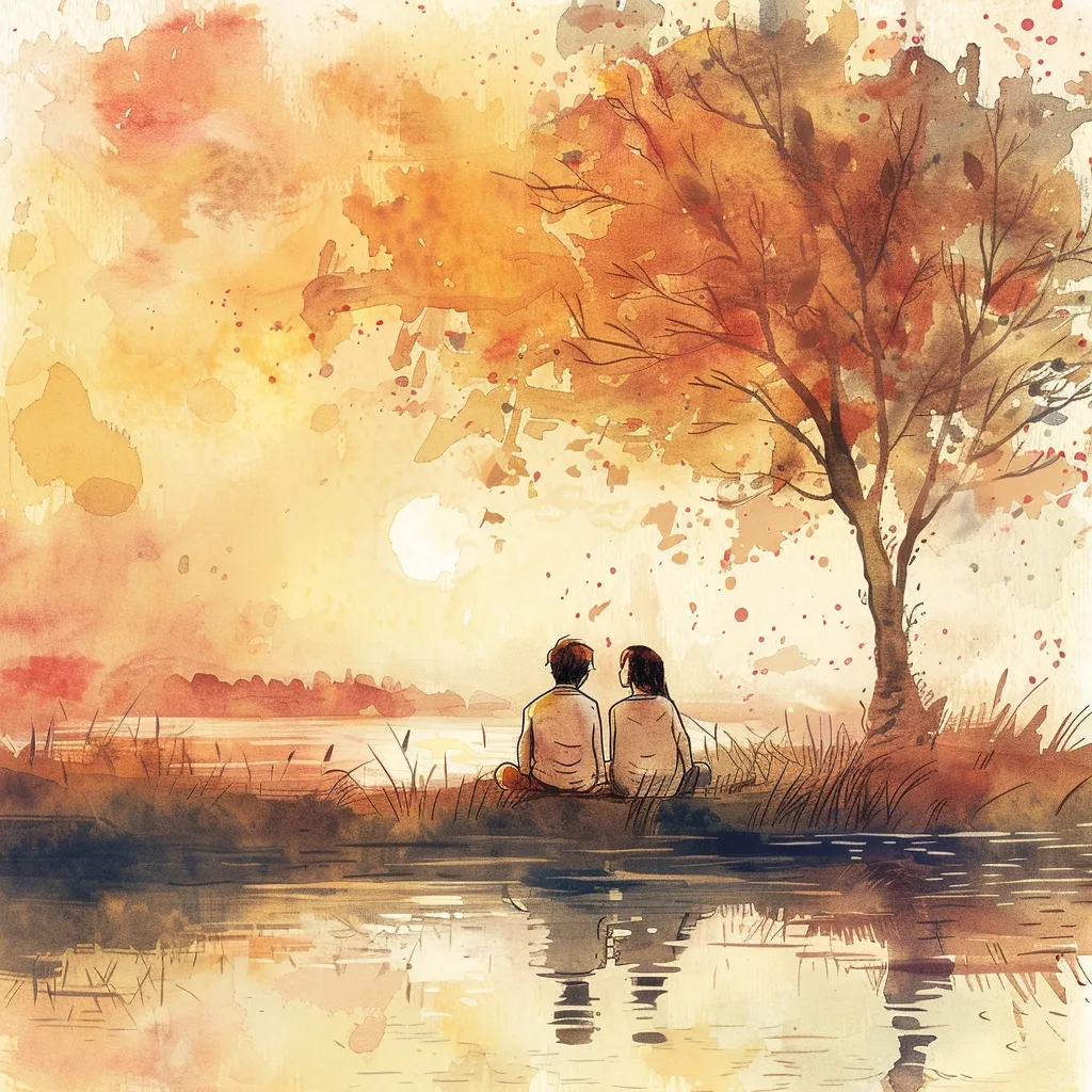 A watercolor painting depicts a couple sitting by a lake, with a large tree behind them. The tree has orange and yellow leaves, suggesting autumn. The sky is a warm orange and yellow, with a faint sun in the distance. The couple is facing each other, and the overall scene evokes a sense of peace and tranquility.  The image is reminiscent of a romantic moment, captured in a gentle and impressionistic style.
