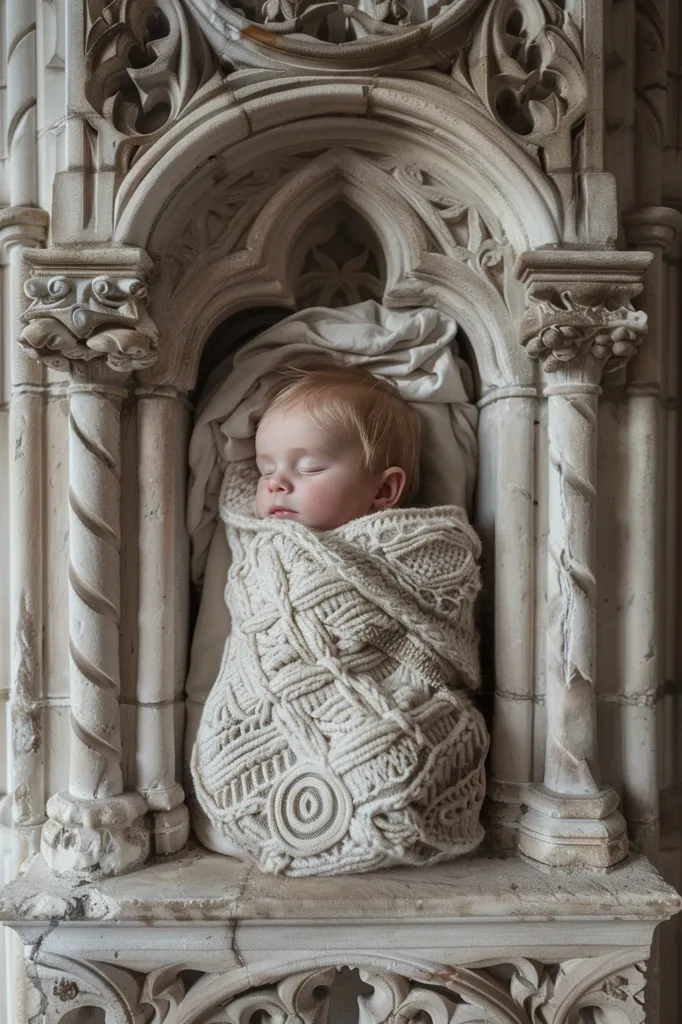 A baby is sleeping peacefully in a crocheted blanket, nestled inside an ornate stone alcove. The intricate carvings of the stonework create a beautiful and timeless backdrop for the infant's slumber. The soft, neutral tones of the blanket and stone harmonize perfectly, creating a serene and peaceful atmosphere.  The image evokes feelings of innocence, tranquility, and the passage of time.